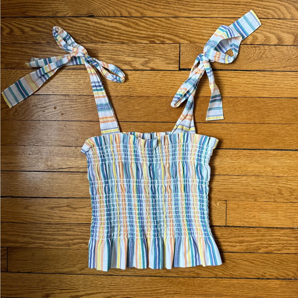 Amanda Uprichard Striped Smocked Tie-Shoulder Crop Top - Size XS Petite